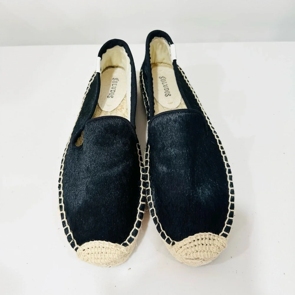 Soludos Leather Espadrille Platform Smoking Slipper Flat Size 8M‎ Black